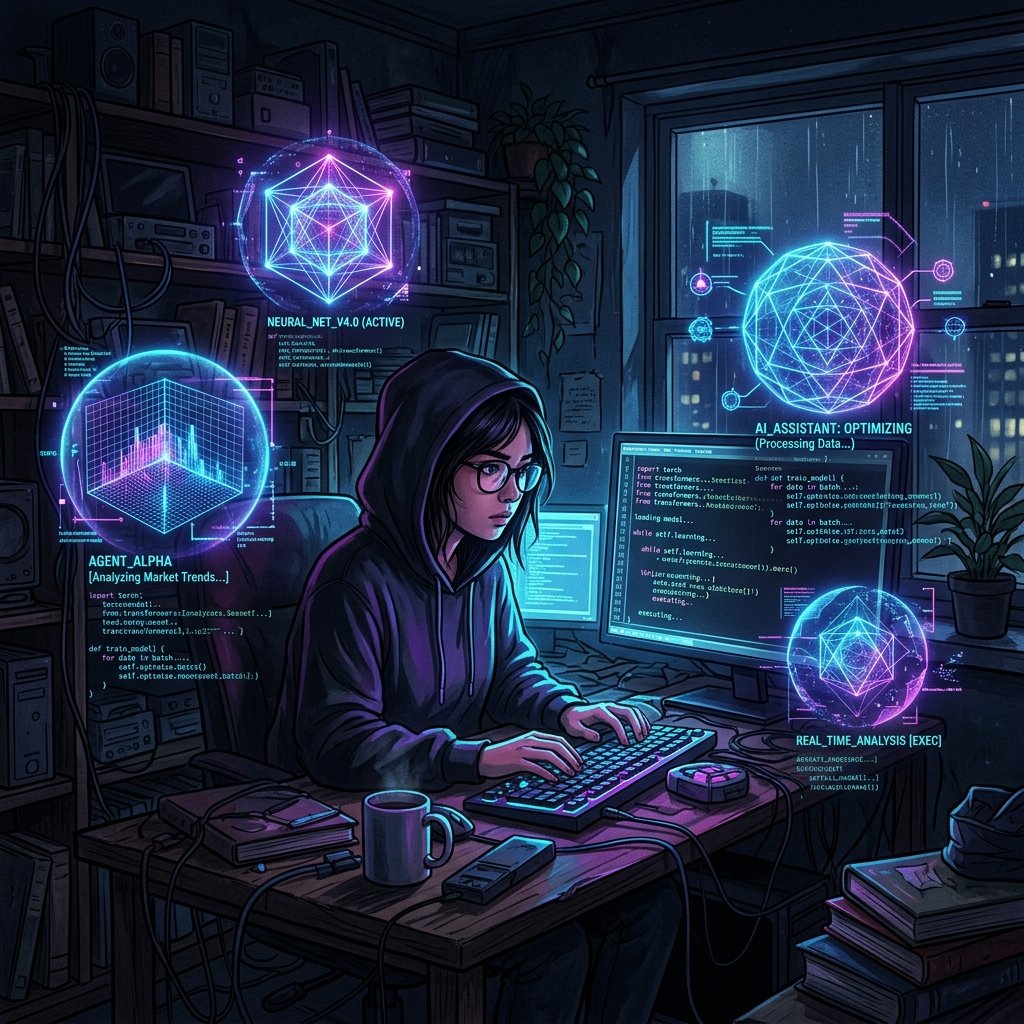Student in a dark room using glowing AI agents