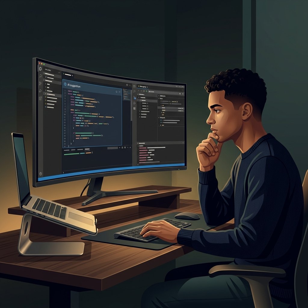 Editorial illustration of a developer actively reviewing an AI-generated code window