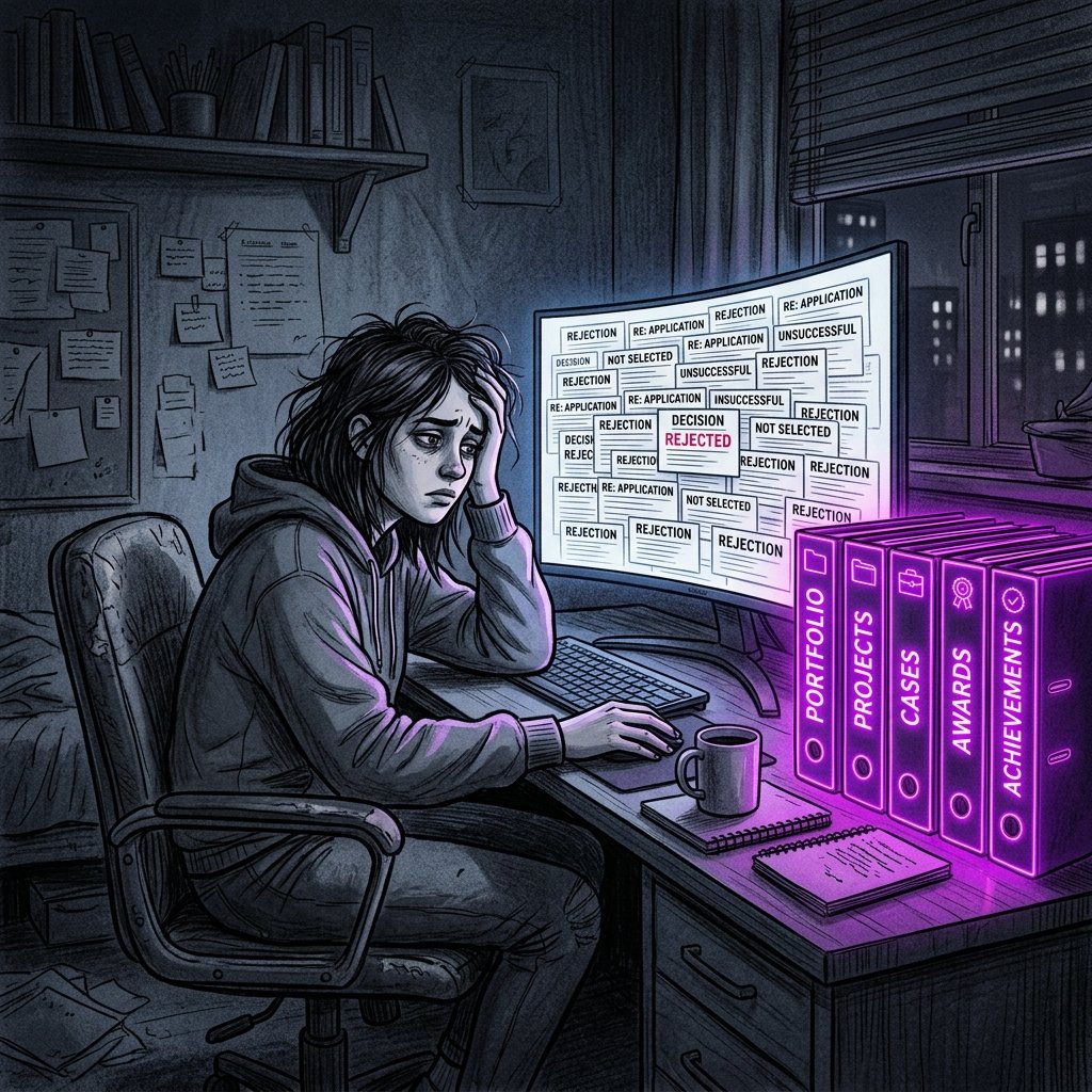 Student staring at 100 rejected emails, ignoring 5 structured glowing folders